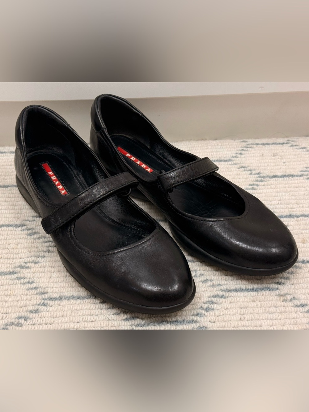 Archival PRADA SPORT Y2K Black Leather Mary Jane Flats Linea Rossa Red Stripe 37 - Picture 2 of 16